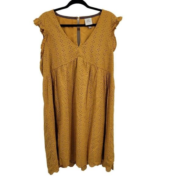 Knox Rose Baby Doll‎ Dress XXL Mustard Ruffle Flutter Short Sleeve Eyelet A-Line - Picture 13 of 13